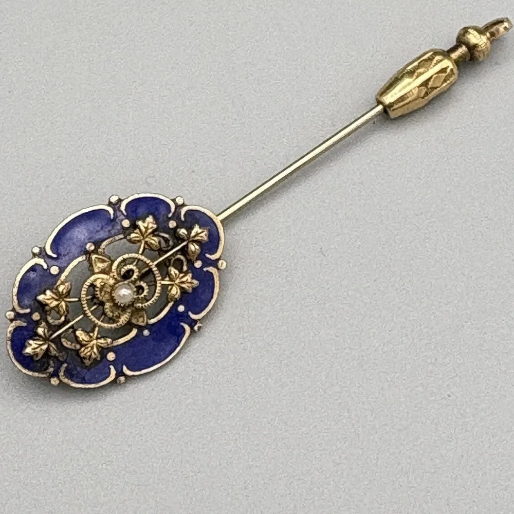 Antique Estate Stick Pin Blue Enamel Faux Pearl Regal Gold Vines and Pinstop